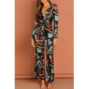 Lovely Bohemian V Neck Printed Multicolor One-piec