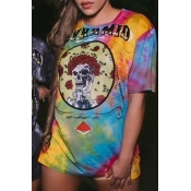 Lovely Casual O Neck Tie-dye Multicolor T-shirt