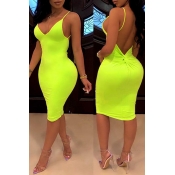 Lovely Sexy Backless Yellow Knee Length Dress(With