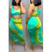 Lovely Casual U Neck Printed Green Two-piece Skirt