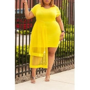 Lovely Trendy O Neck Gauze Patchwork Yellow Dress