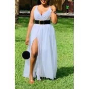 Lovely Stylish V Neck Side Split White Ankle Lengt