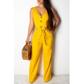Lovely Casual V Neck Hollow-out Yellow One-piece J