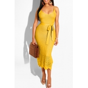 Lovely Stylish Spaghetti Straps Hollow-out Yellow 