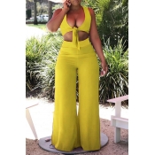 Lovely Sexy V Neck Side Split Yellow Two-piece Pan