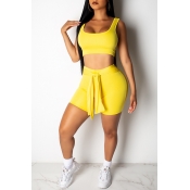 Lovely Casual Sleeveless Lace-up Yellow Two-piece 