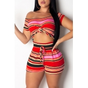 Lovely Casual O Neck Striped Rose Red Two-piece Sh