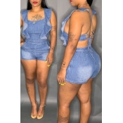 Lovely Sexy Ruffle Design Backless Blue Denim One-
