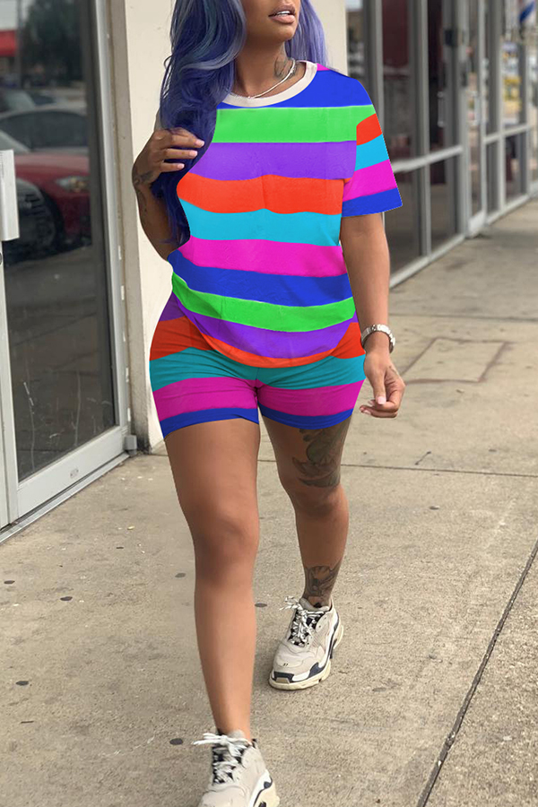 

Lovely Casual O Neck Striped Patchwork Multicolor Two-piece Shorts Set, Multi