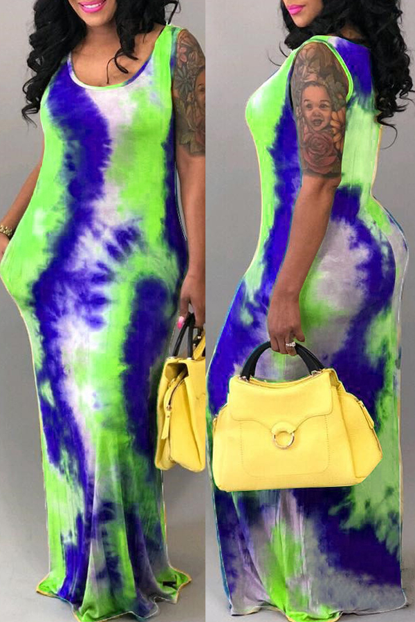 

Lovely Casual Tie-dye Green Floor Length Dress(With Elastic