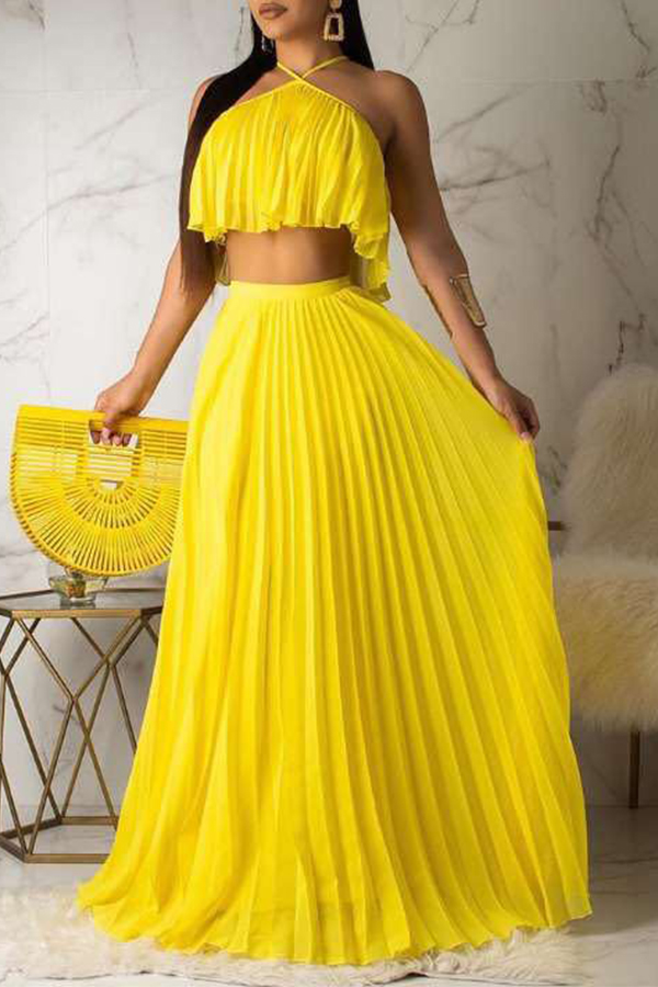 Lovely Sweet Halter Neck Drape Design Yellow Two-piece Skirt Set