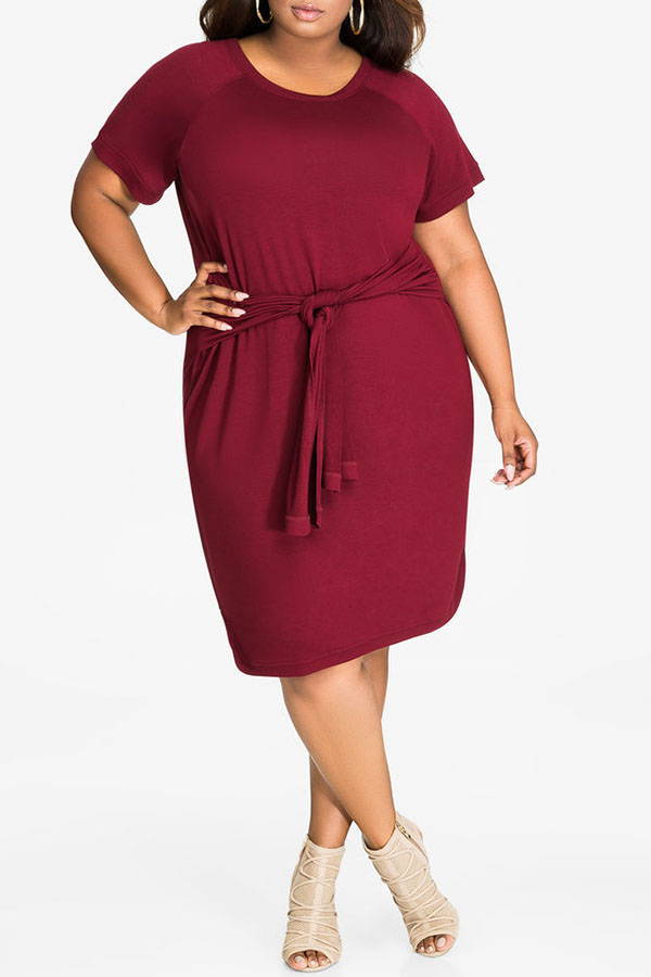 

Lovely Casual O Neck Bandage Wine Red Cotton Knee Length Dress