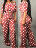 LW Sweet Off The Shoulder Dot Printed Pink Two-piece Pants Set