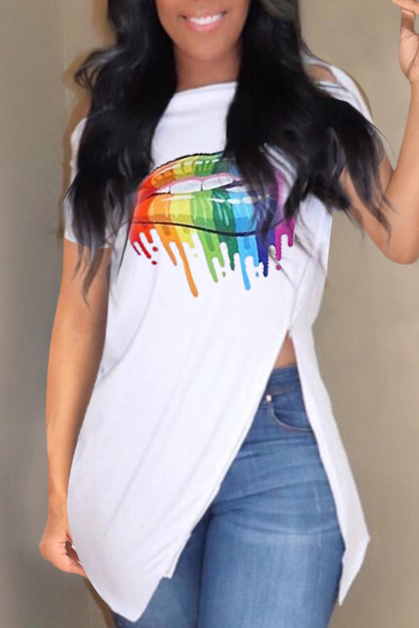 

Lovely Casual Printed Side Split White T-shirt