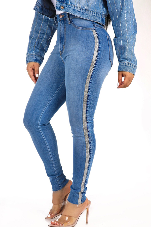 

Lovely Stylish High Waist Patchwork Blue Jeans