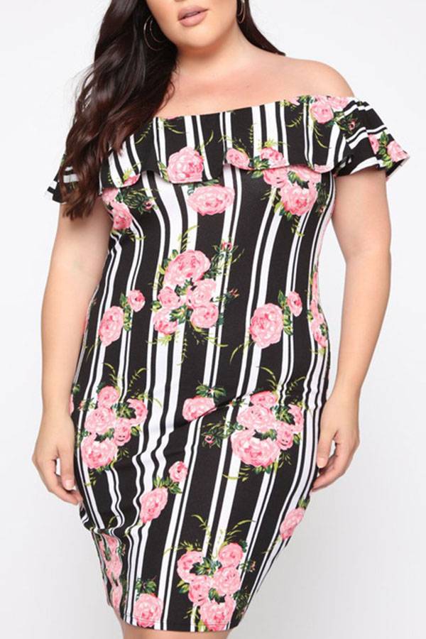 

Lovely Stylish Off The Shoulder Floral Printed Black Knee Length Plus Size Dress