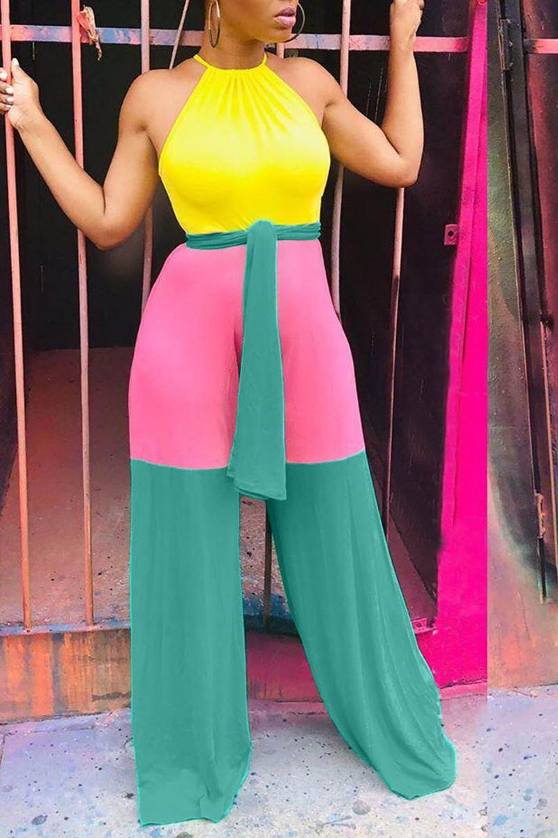 Lovely Casual Halter Neck Patchwork Yellow One-piece Jumpsuit_Jumpsuit ...