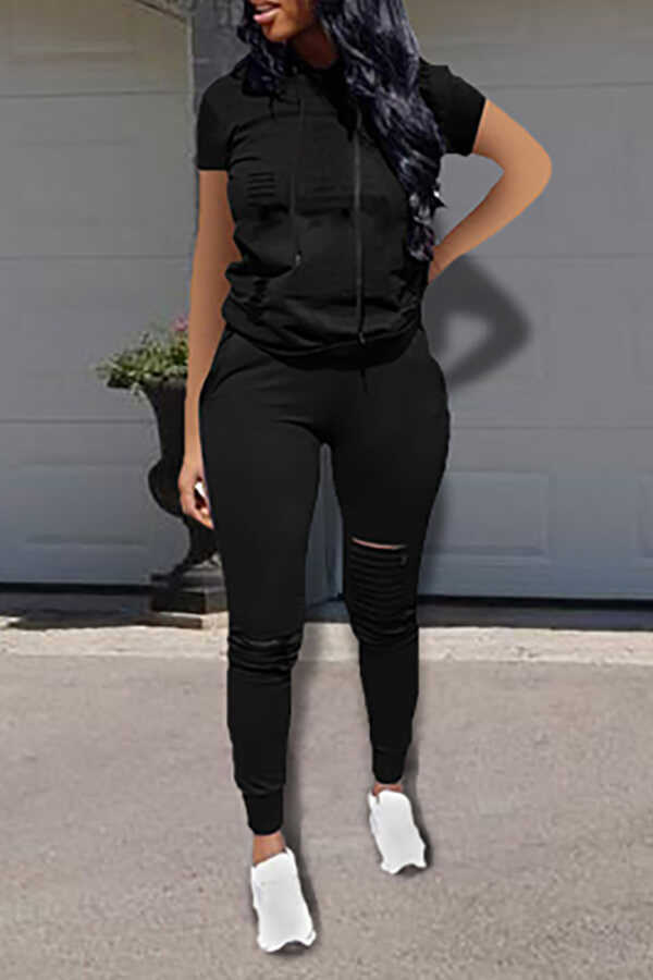 

LW Casual Hooded Collar Broken Holes Black Two-piece Pants Set