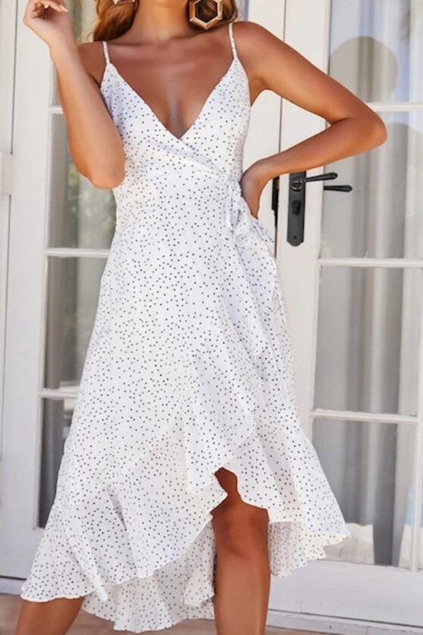 

Lovely Stylish Spaghetti Straps V Neck Dot Printed White Knee Length A Line Dress