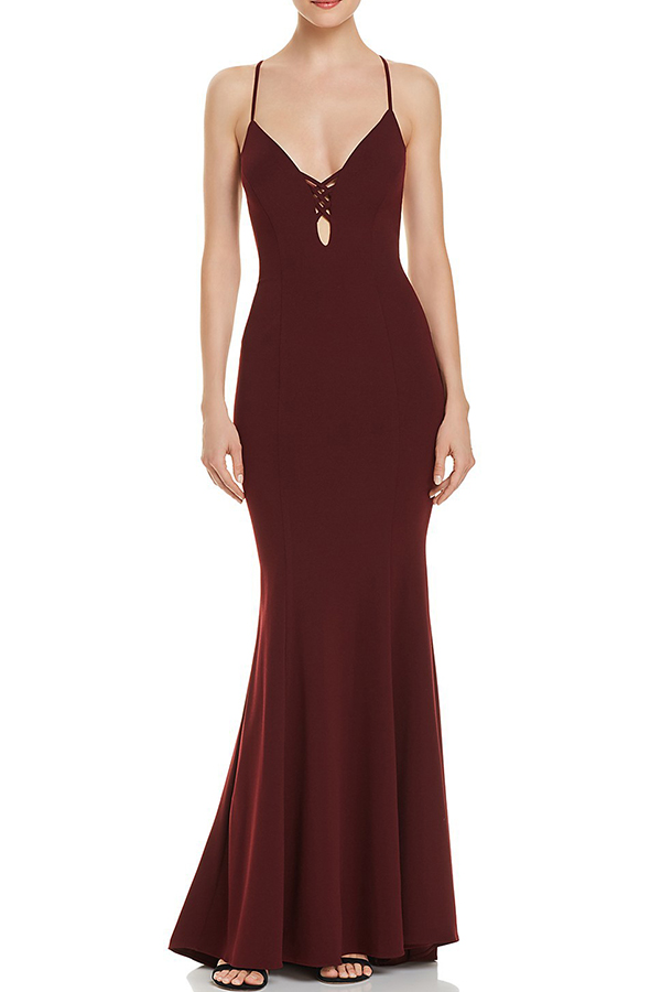 

Lovely Sexy V Neck Spaghetti Straps Backless Wine Red Floor Length Dress