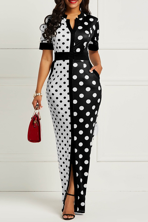 

Lovely Casual Dot Printed Patchwork Black Floor Length OL Dress(Nonelastic