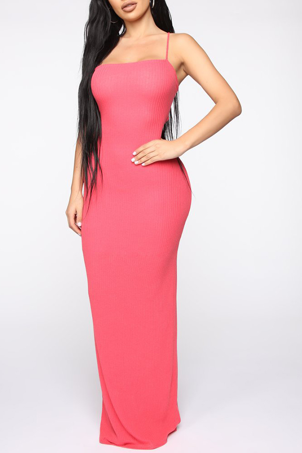 

Lovely Sexy Spaghetti Straps Lace-up Hollow-out Red Floor Length Dress