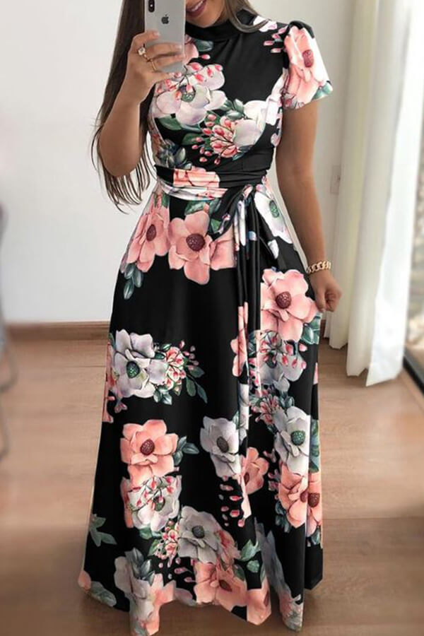 

Lovely Bohemian Floral Printed Black Floor Length Dress