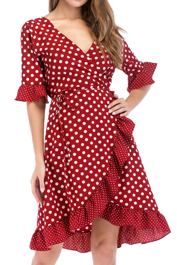 

Lovely Sweet V Neck Dot Printed Ruffle Asymmetrical Wine Red Mini Dress