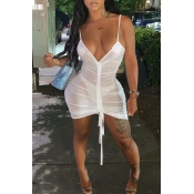 Lovely Sexy V Neck See-through White Mini Dress(Wi