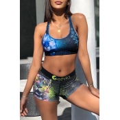 Lovely Casual U Neck Letter Printed Blue Two-piece