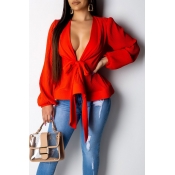 Lovely Casual V Neck Lace-up Red Blouse
