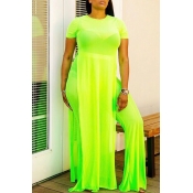 Lovely Casual O Neck Side Split Green Two-piece Pa