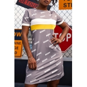 Lovely Casual O Neck Letter Printed Patchwork Grey