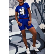 Lovely Casual O Neck Printed Patchwork Blue Two-pi