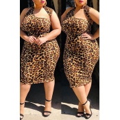 Lovely Plus Size Trendy Leopard Print Knee Length 