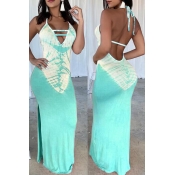 Lovely Sexy V Neck Printed Backless Baby Blue Floo