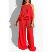 Lovely Sweet O Neck Ruffle Design Red Two-piece Pa