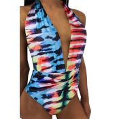 Lovely Deep V Neck Printed Multicolor One-piece Sw
