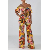 Lovely Sexy Off The Shoulder Printed Lace-up Yello