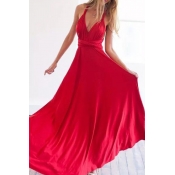 Lovely Stylish Halter Neck Hollow-out Red Floor Le