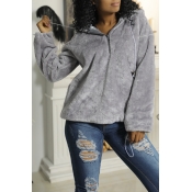 Lovely Chic Hooded Collar Zipper Design Grey Velve