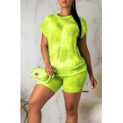 Lovely Casual O Neck Tie-dye Yellow Two-piece Shor