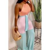 Lovely Casual Halter Neck Patchwork Baby Blue One-