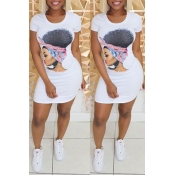 Lovely Casual O Neck Printed White Mini Dress