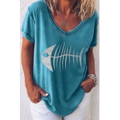 Lovely Casual V Neck Printed Blue T-shirt