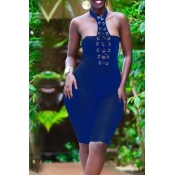 Lovely Sexy Halter Neck Backless Blue One-piece Ro
