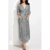 Lovely Casual Turndown Collar Striped Black Ankle 