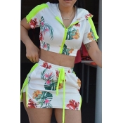 Lovely Casual Hooded Collar Printed Zipper Design 