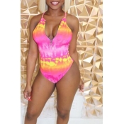 Lovely Spaghetti Straps Printed Pink One-piece Swi