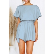 Lovely Casual O Neck Lake Blue One-piece Romper